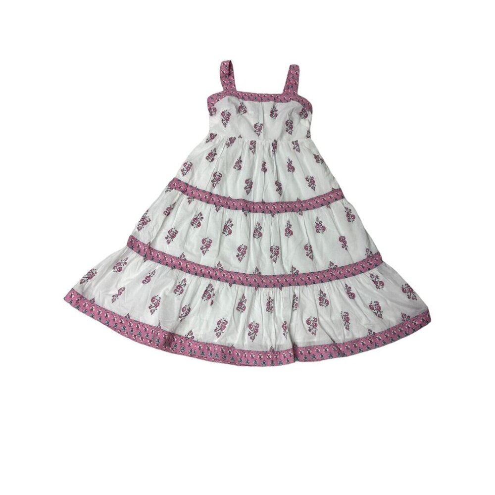 J Crew  Cottage Core Size 6P Tiered Midi Dress White Pink Floral